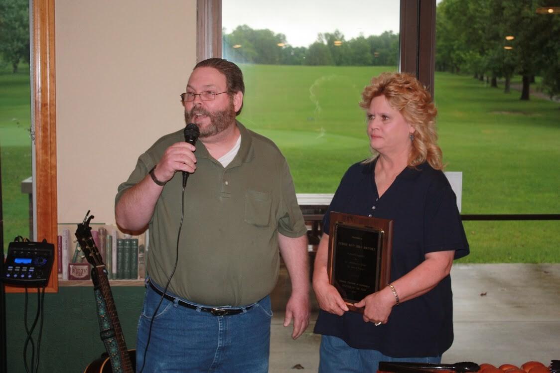 Spinach Can Collectibles co-owners Mike and Debbie Brooks speak to the crowd after being named the Chester Chamber of Commerce's Citizens of the Year for 2015 during the chamber's annual dinner on Friday, June 19. Photo: Pete Spitler/Herald Tribune